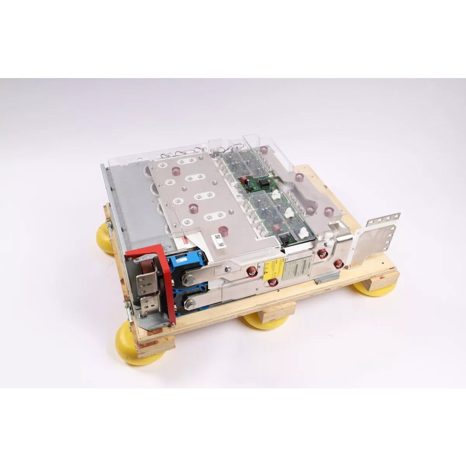 Siemens 6SL3352-1AE38-4EA1 Power Block. Industrial Automation Equipment on Pallet with Yellow Supports. Top view.