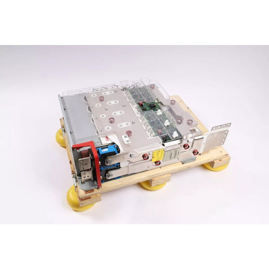 Siemens 6SL3352-1AE38-4EA1 Power Block. Industrial Automation Equipment on Pallet with Yellow Supports. Top view.