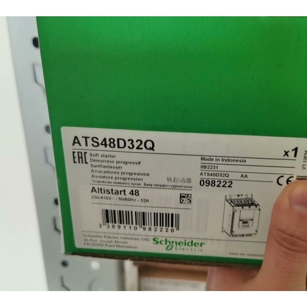 Schneider Electric ATS48D32Q soft starter product packaging, Altistart 48 series.