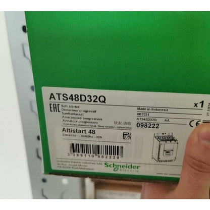 Schneider Electric ATS48D32Q soft starter product packaging, Altistart 48 series.