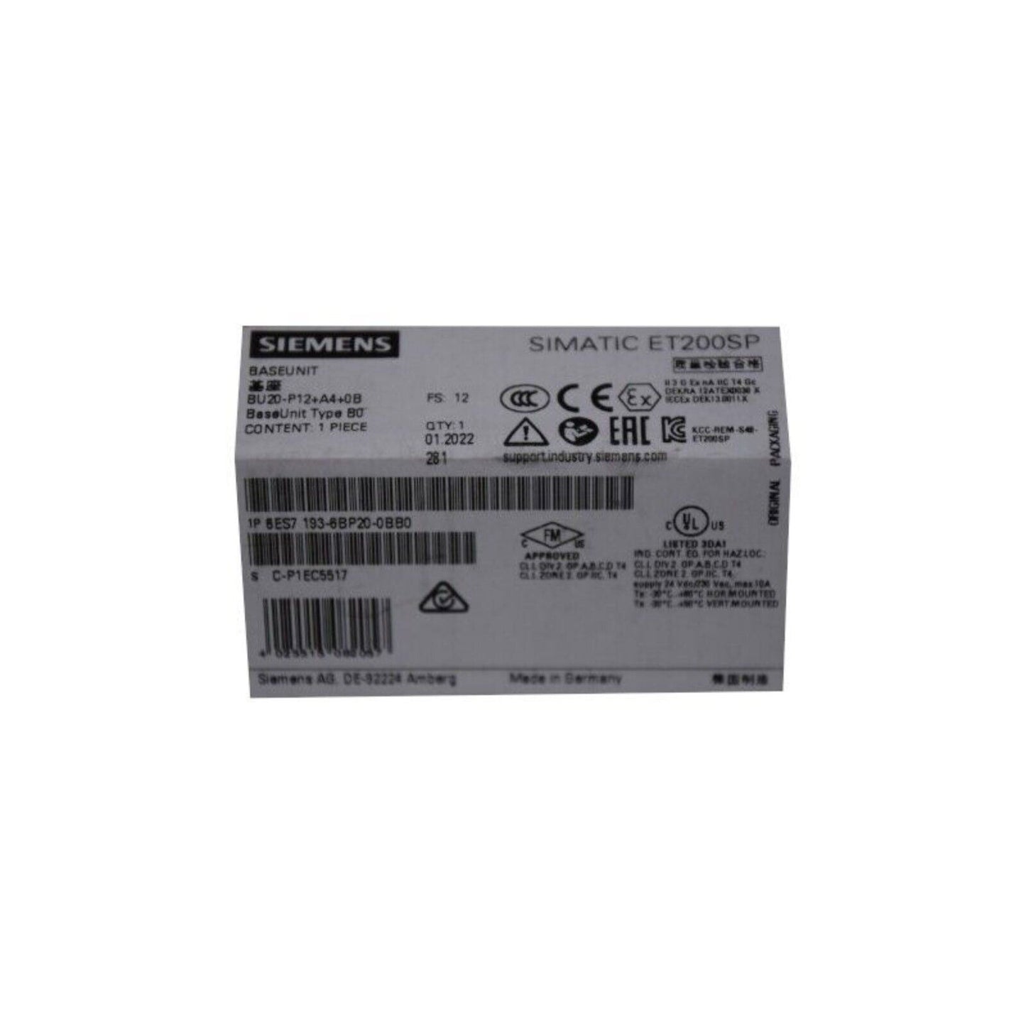 Siemens SIMATIC ET 200SP BaseUnit 6ES7 193-6BP20-0BB0 PLC Module packaging, industrial automation part