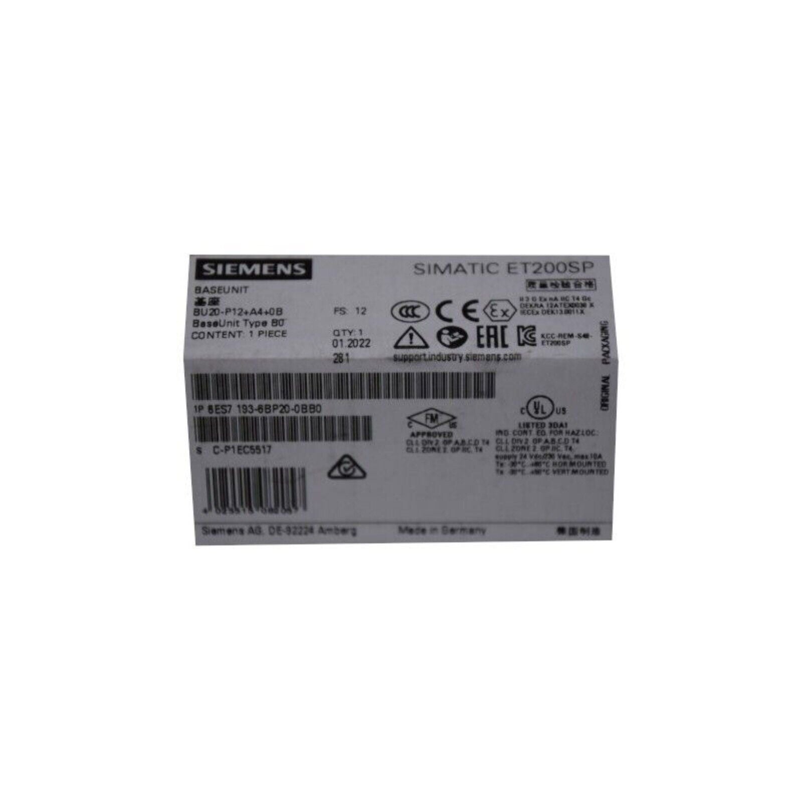 Siemens SIMATIC ET 200SP BaseUnit 6ES7 193-6BP20-0BB0 PLC Module packaging, industrial automation part