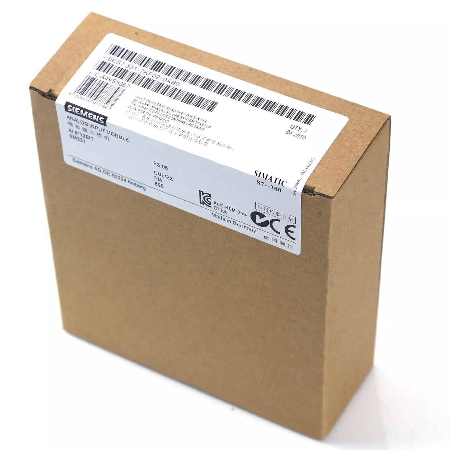 Siemens S7-300 analog input module in box, product 6ES7331-7KF02-0AB0, Made in Germany.