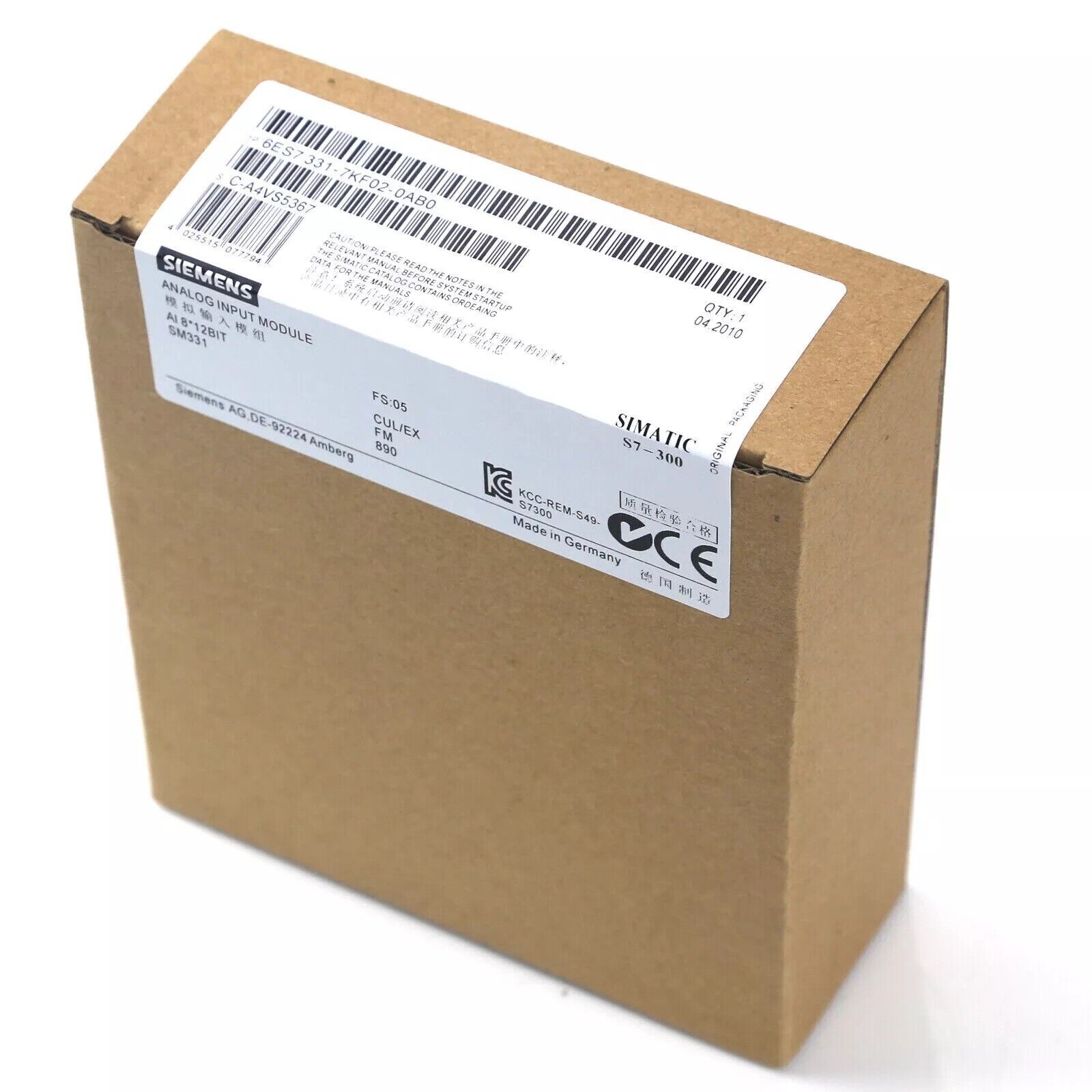 Siemens S7-300 analog input module in box, product 6ES7331-7KF02-0AB0, Made in Germany.