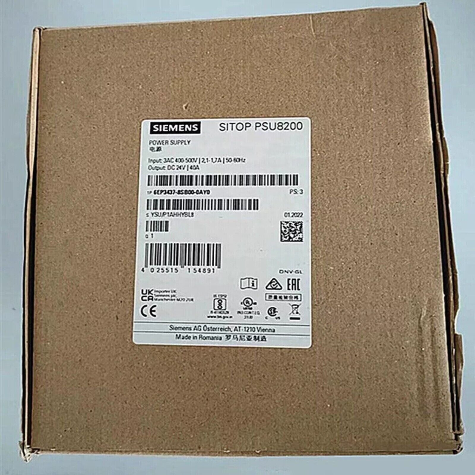 Siemens SITOP PSU8200 Power Supply, model 6EP3437-8SB00-0AY0, industrial automation part in box, power supply unit.