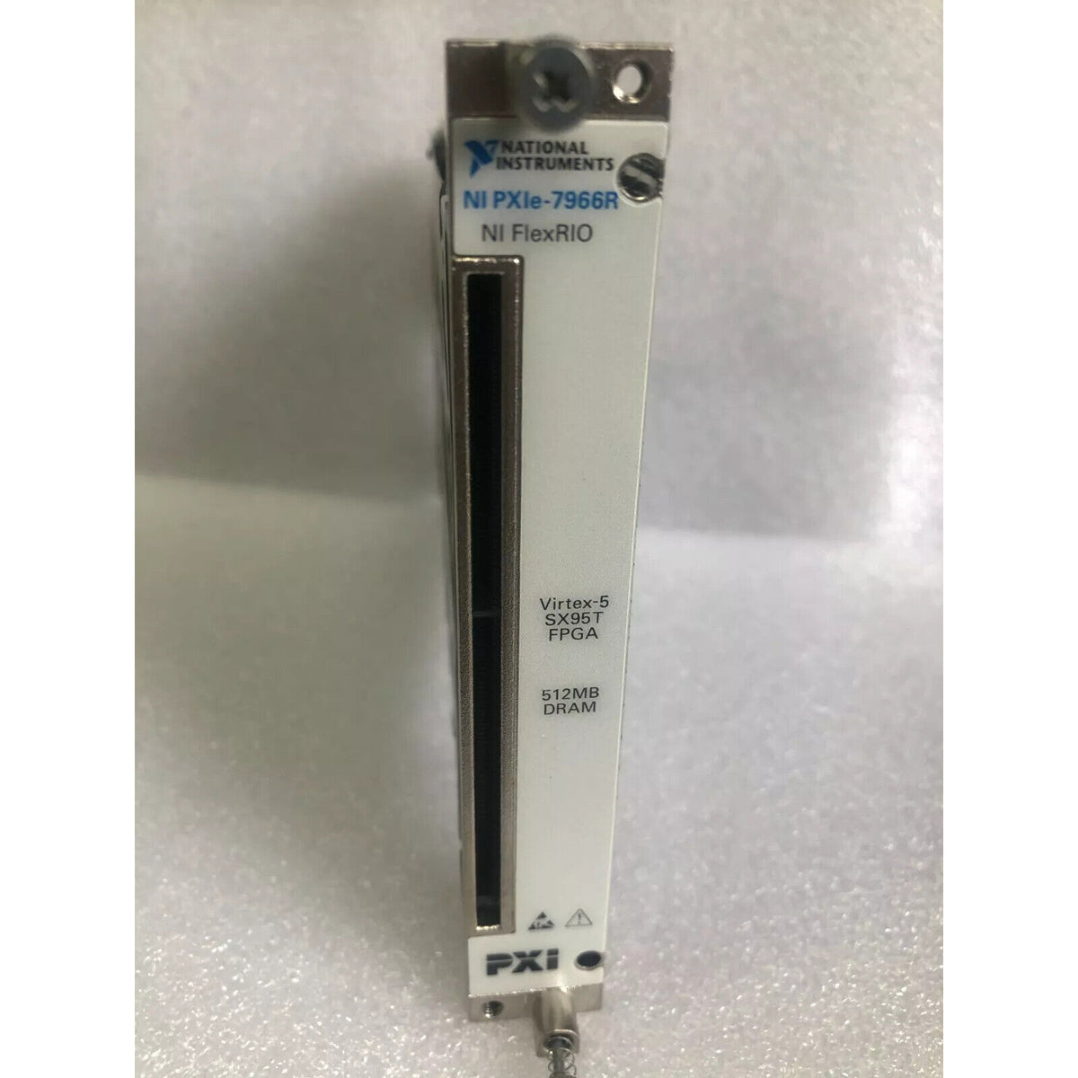 National Instruments PXIe-7966R FlexRIO FPGA module, white and metal design with PXI connector.