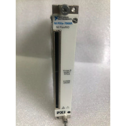 National Instruments PXIe-7966R FlexRIO FPGA module, white and metal design with PXI connector.