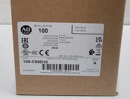 AB 100C85D10 Allen Bradley 100-C85D10 3P 85A 120V Contactor New In Box USA ! AB