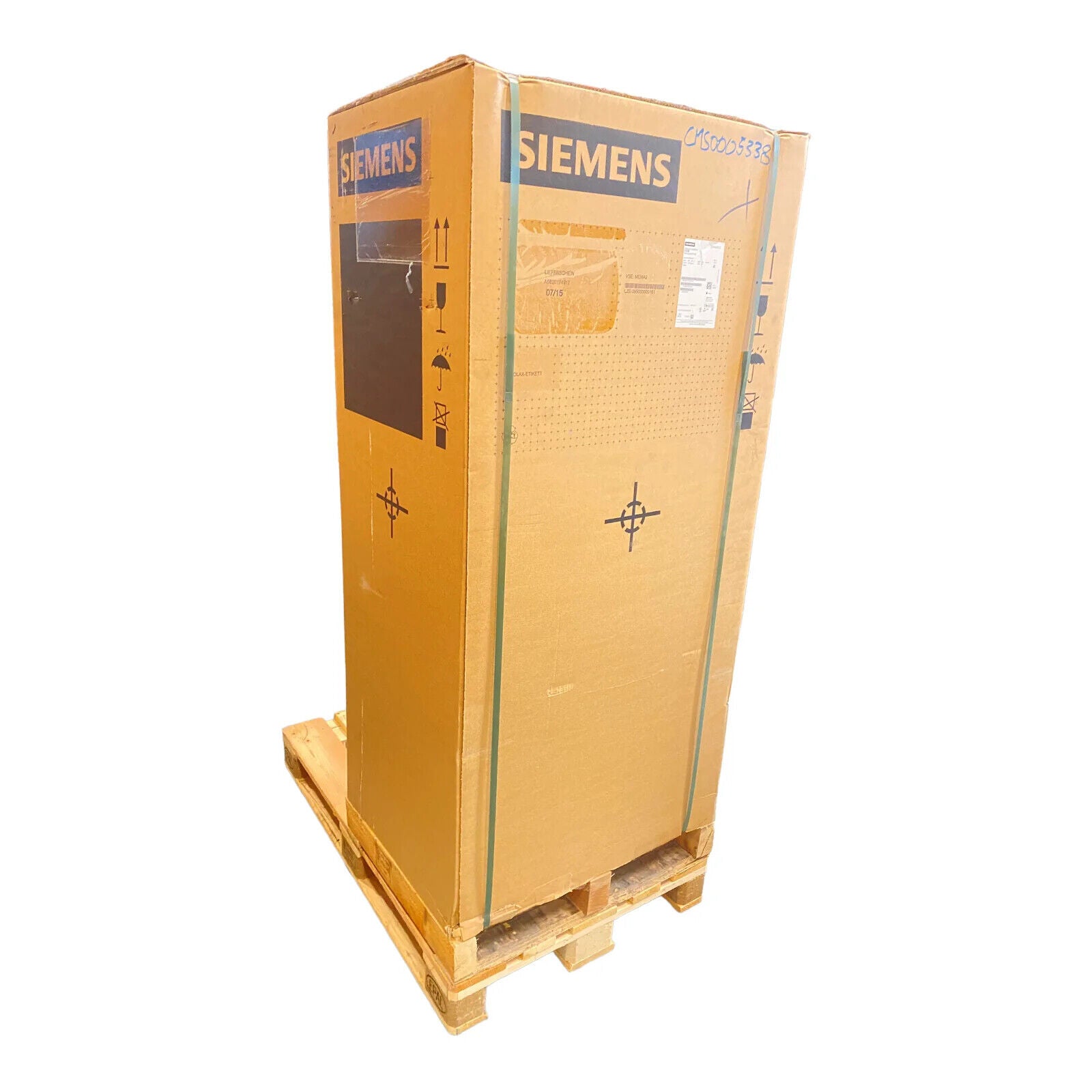Siemens PLC module shipping box on pallet. Industrial automation equipment.