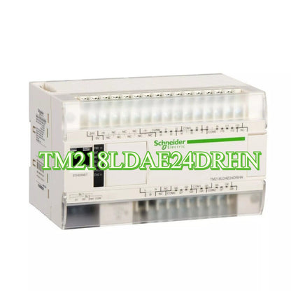 Schneider Electric TM218LDAE24DRHN PLC module, white plastic housing, various ports and terminals.