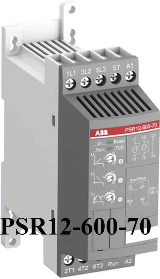 ABB PSR12-600-70 Soft Starter. Gray and white industrial automation component with terminals and ABB logo.