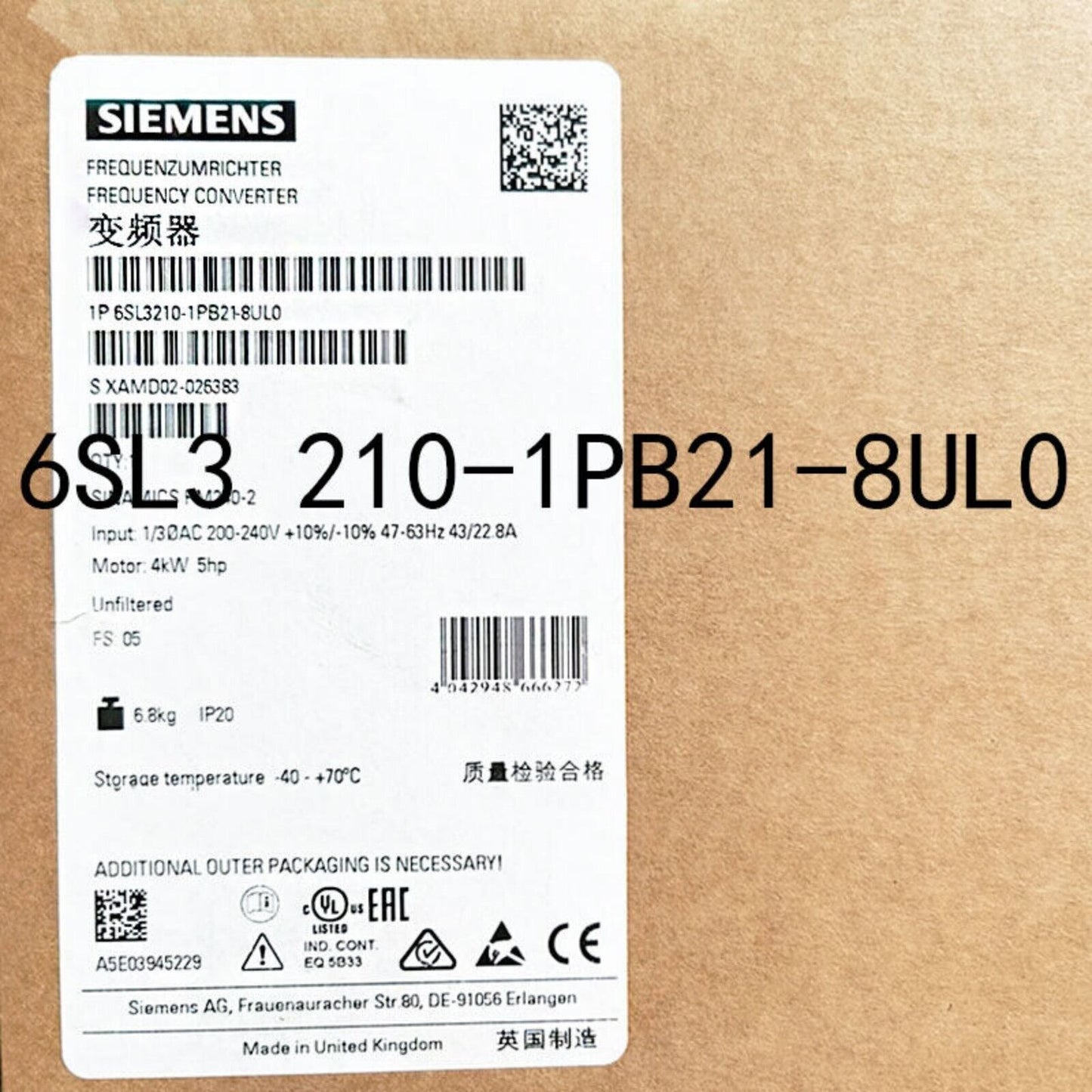 PLC | Siemens | 6SL3210-1PB21-8UL0 6SL3 210-1PB21-8UL0 SINAMICS Power Module PM240-2