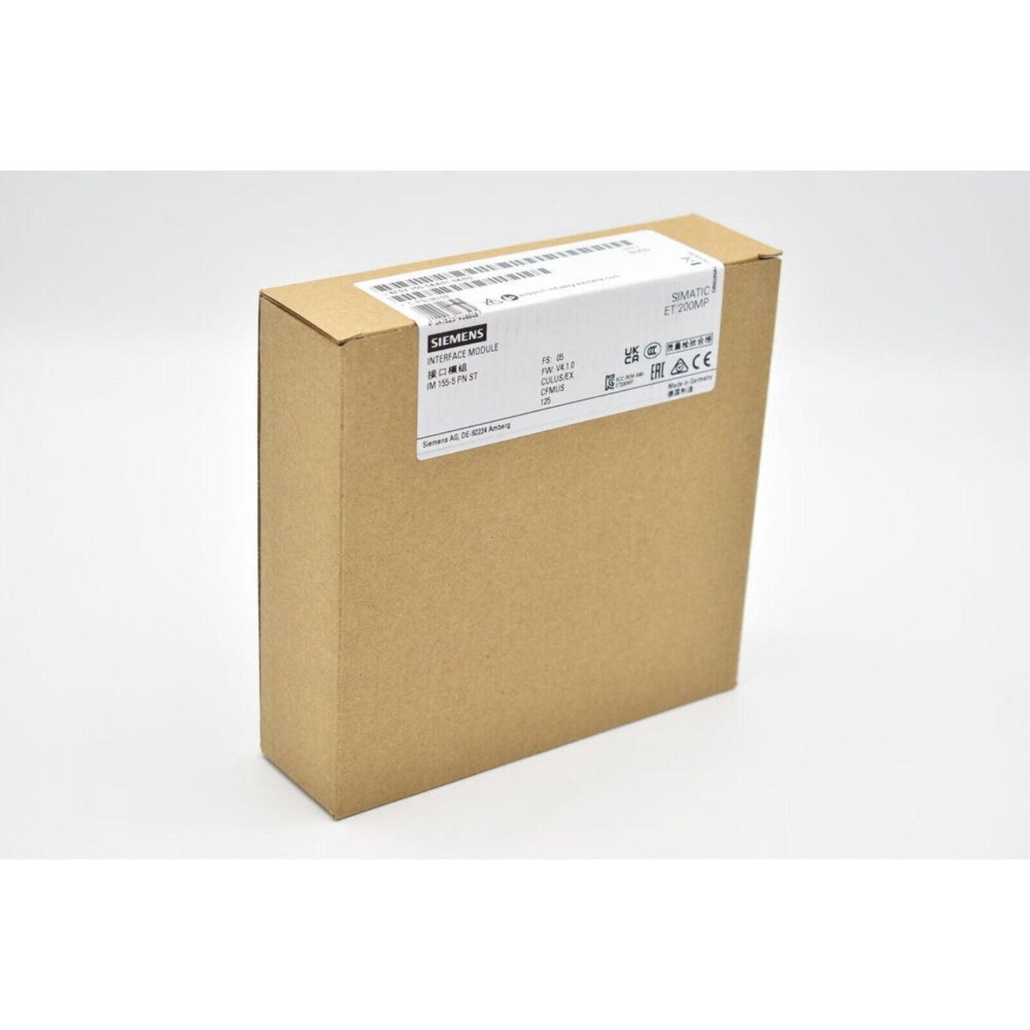 Siemens SIMATIC ET 200MP interface module box. Features product labels, ideal for industrial automation applications.