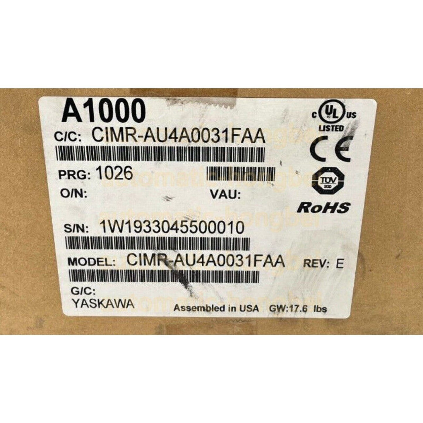 Yaskawa A1000 Inverter Product Label, CIMR-AU4A0031FAA Model, RoHS Certified.