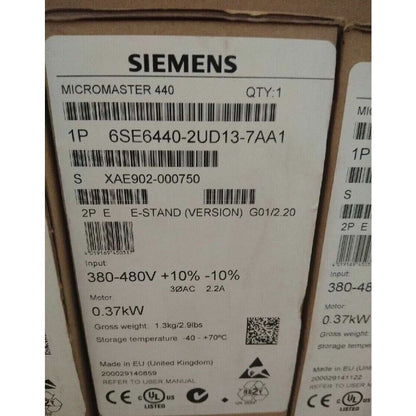Siemens MICROMASTER 440, part number 6SE6440-2UD13-7AA1, industrial automation component label