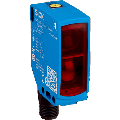 SICK WTL16P-24161120A00 photoelectric sensor. Blue housing with red sensor components. Made in Germany, CE certified.