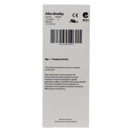 Allen-Bradley 1734-TB3S POINT I/O Module label. Includes product specifications, certifications and manufacturing details.