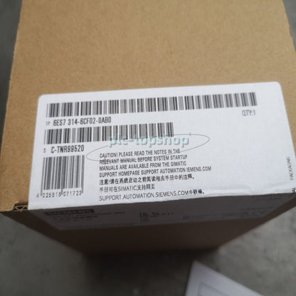 Siemens S7-300 CPU 314C-2DP product packaging, model 6ES7 314-6CF02-0AB0, with important caution notes.
