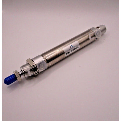 Festo DSNU-25-80-PPV-A round standard pneumatic cylinder, industrial automation component, silver and blue.