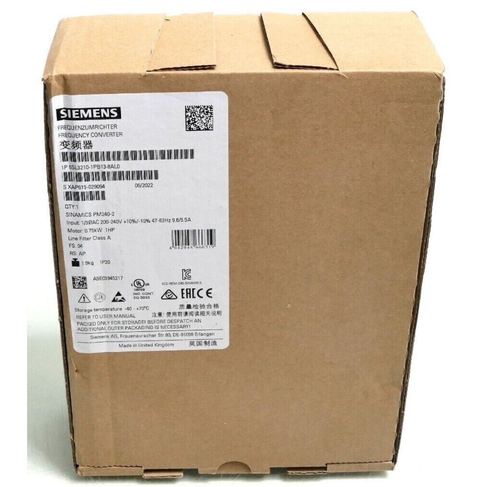 Siemens SINAMICS PM240-2 Frequency Converter Box, 1P 6SL3210-1PB13-8AL0, product packaging.