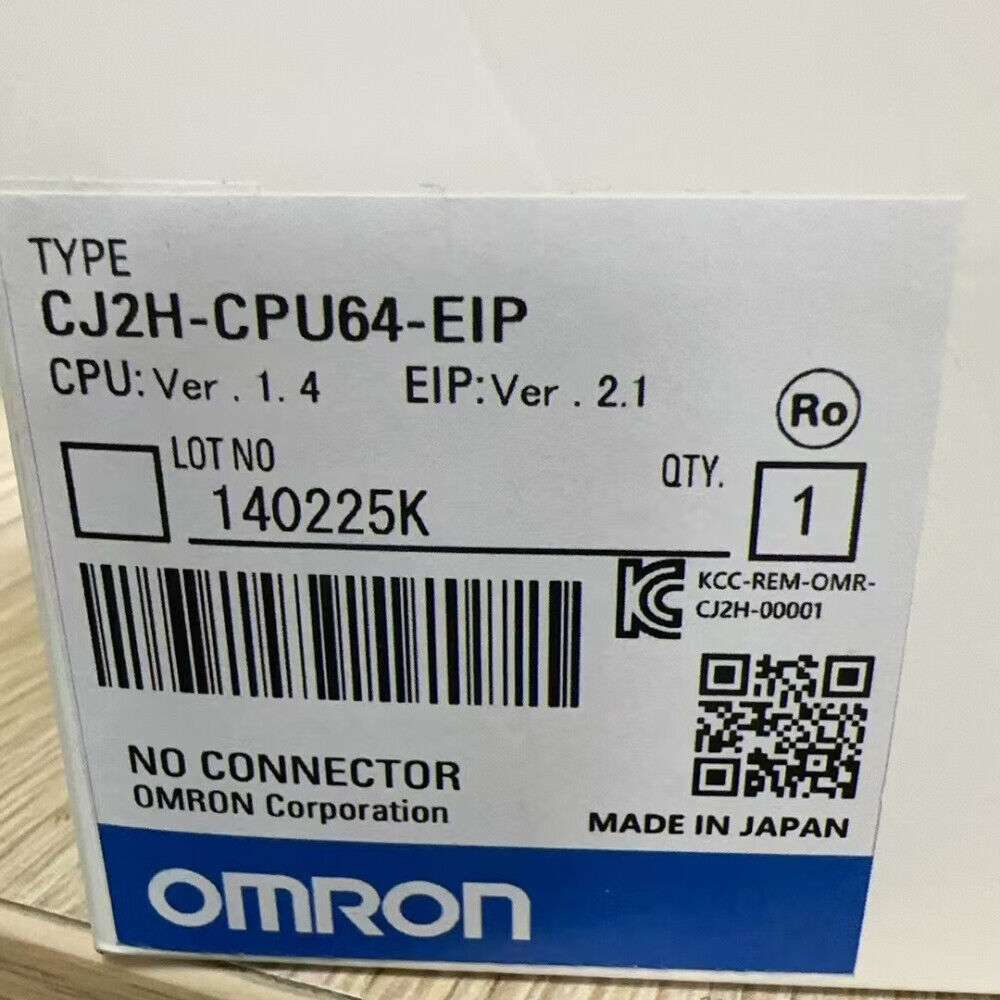 Omron CJ2H-CPU64-EIP CPU unit label. Displays product type, version, lot number, and quantity. Made in Japan.