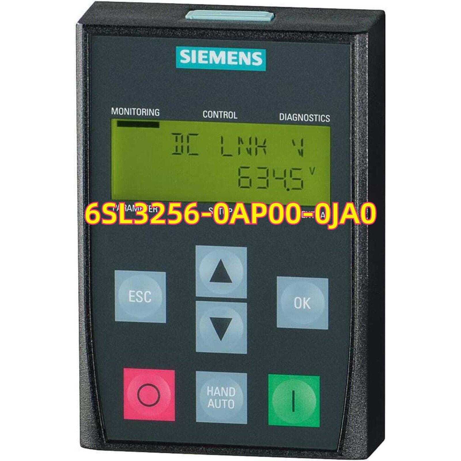 Siemens SINAMICS G120 door mounting unit, displaying DC LNK V 634.5, part number 6SL3256-0AP00-0JA0