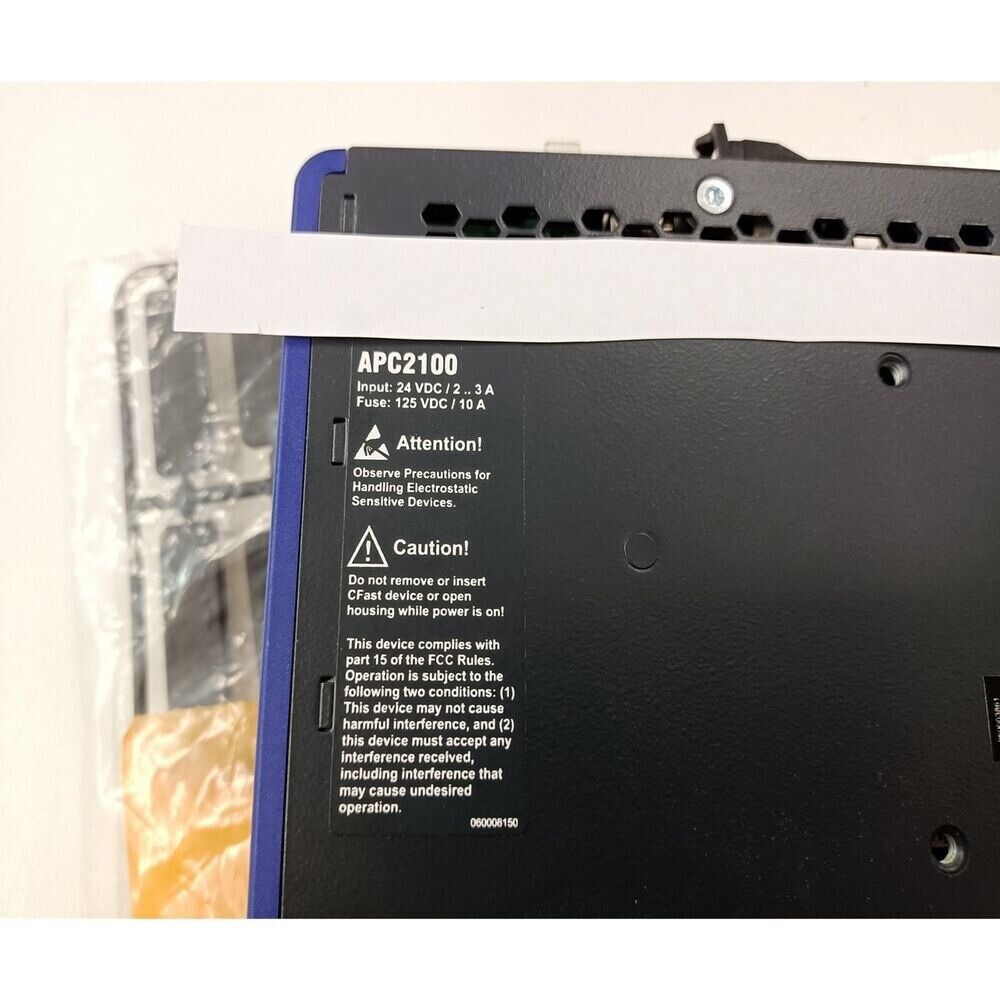 B&R APC2100 Control System detail view, showing input specifications, caution notices, and FCC compliance information.