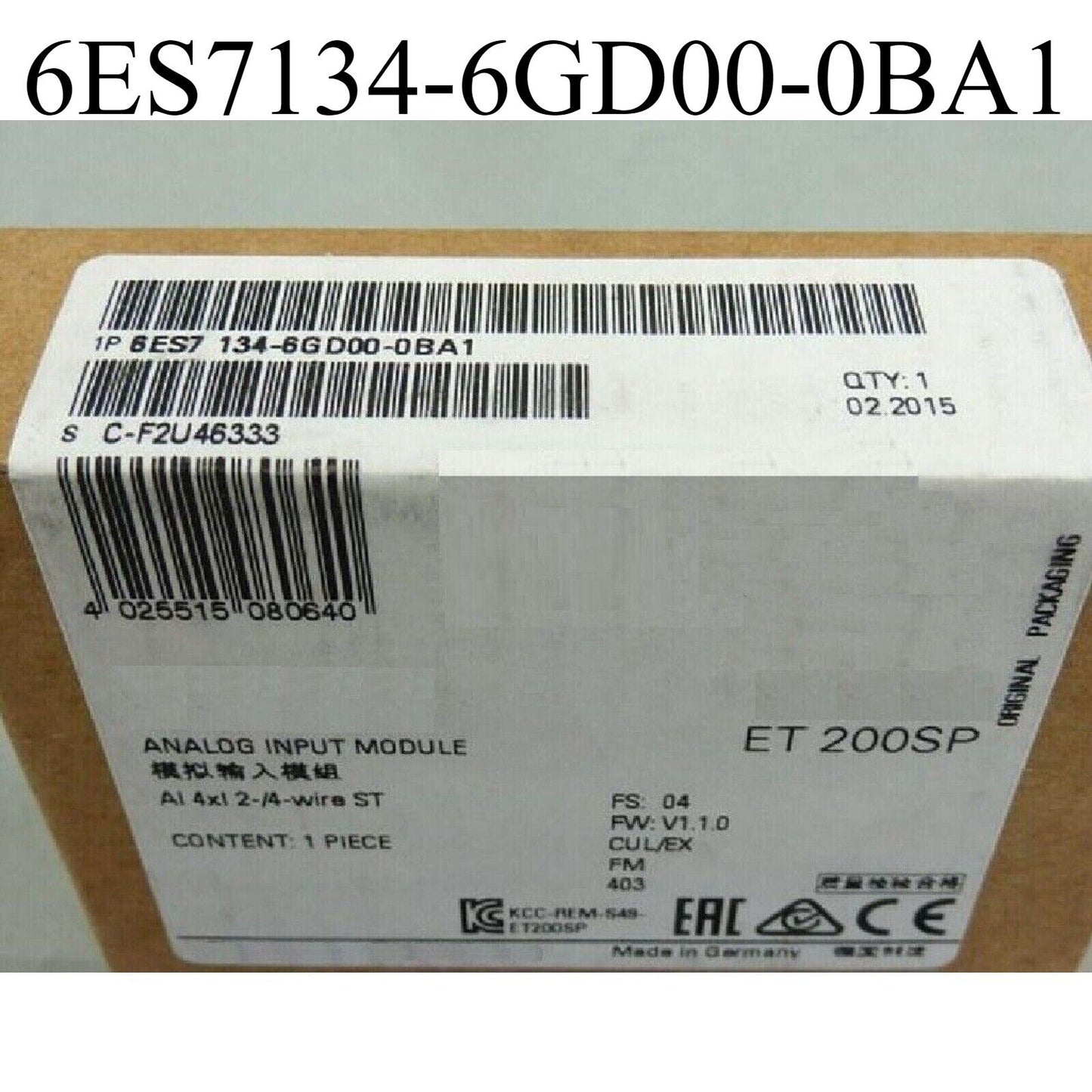 Siemens ET 200SP Analog Input Module 6ES7134-6GD00-0BA1 on its packaging, showing product details and specifications.