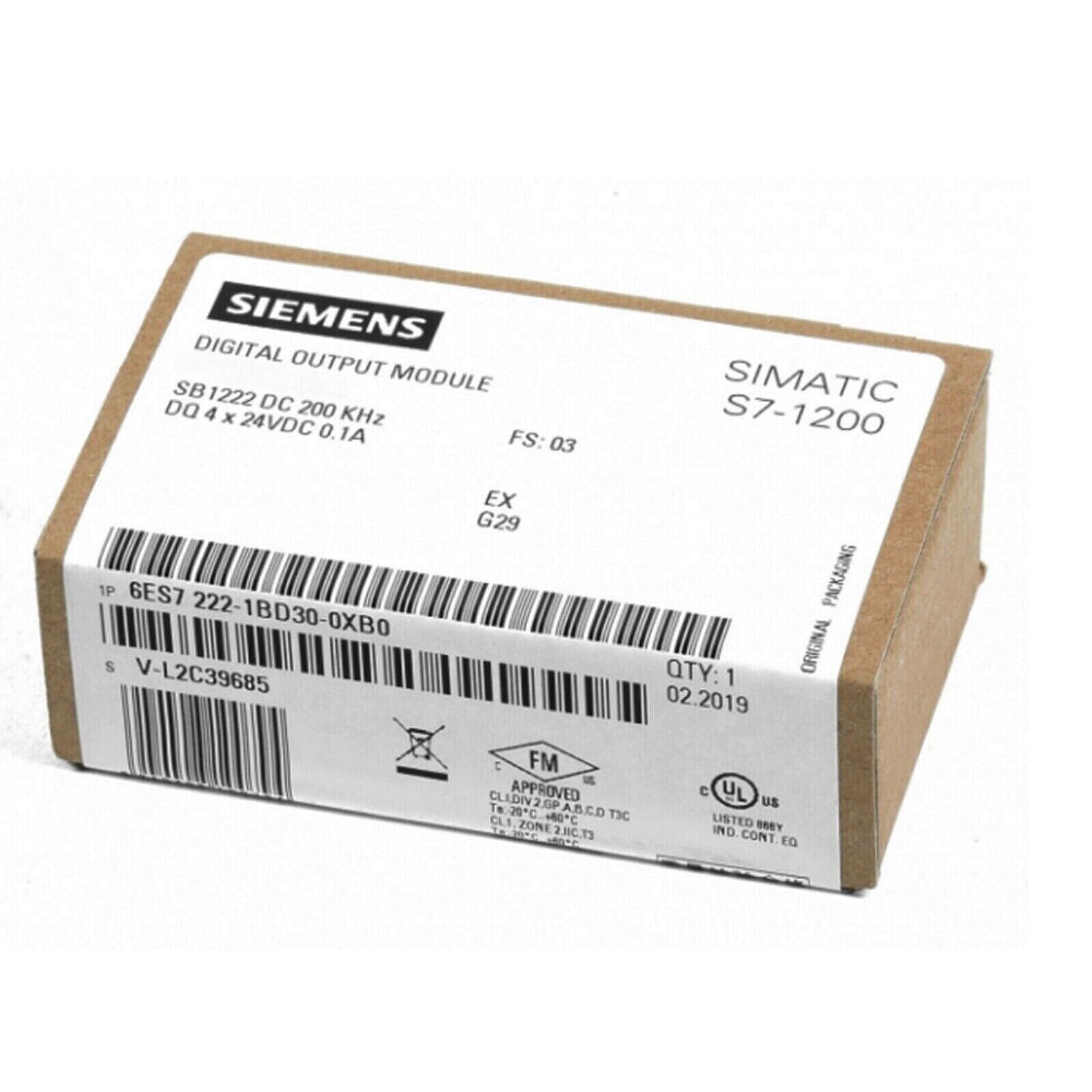 Siemens SIMATIC S7-1200 digital output module in original packaging, featuring model 6ES7 222-1BD30-0XB0.