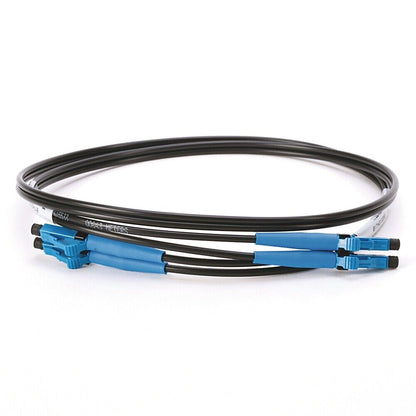 Fiber optic cable with blue connectors and black cable, marked with numbers, used for data transfer.