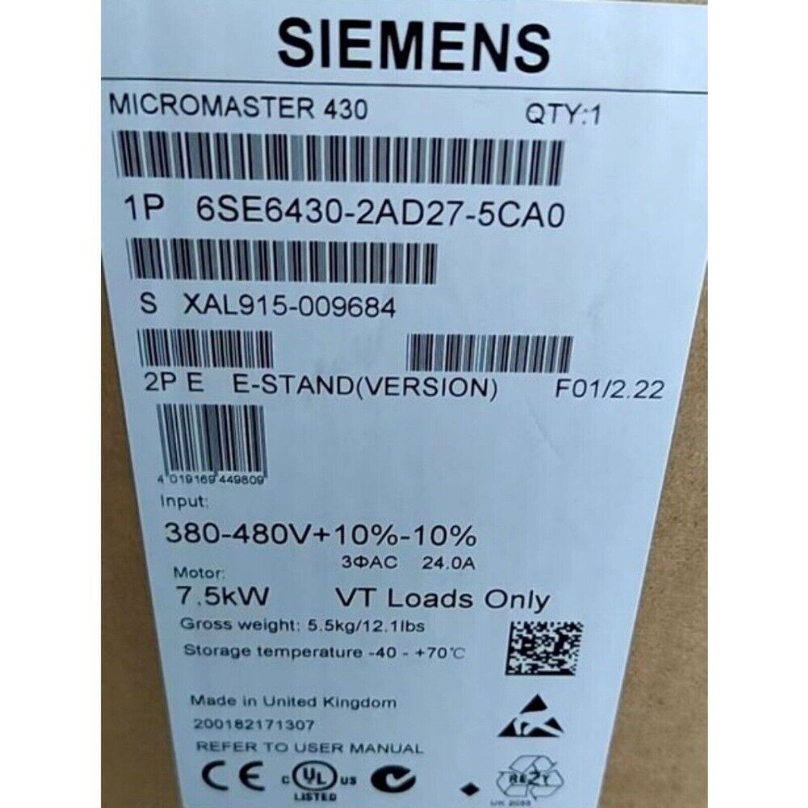 Siemens MICROMASTER 430 frequency converter label with model 6SE6430-2AD27-5CA0 specifications and serial number.