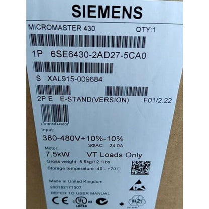 Siemens MICROMASTER 430 frequency converter label with model 6SE6430-2AD27-5CA0 specifications and serial number.