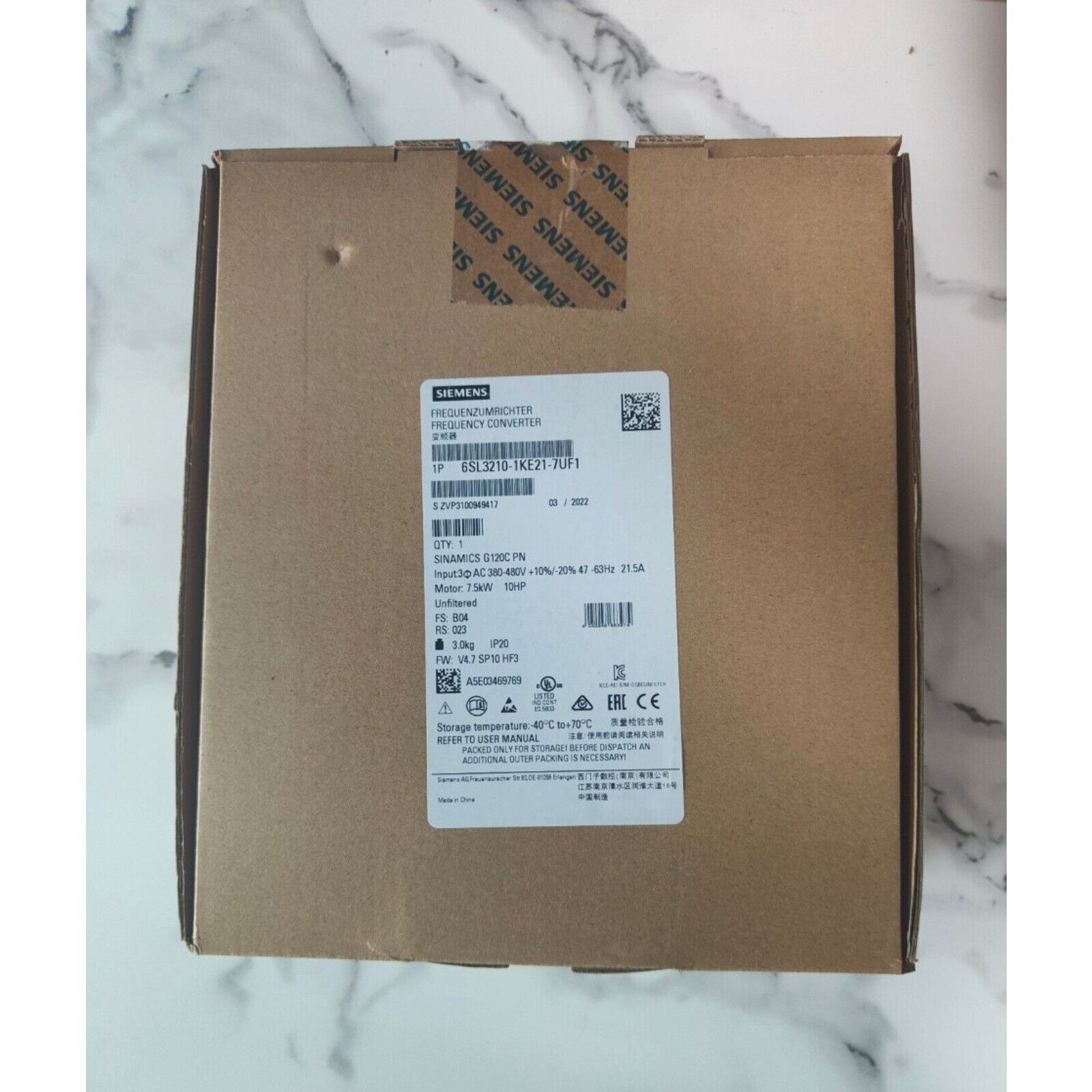 Siemens SINAMICS G120C PN frequency converter packaging, 6SL3210-1KE21-7UF1, industrial automation part