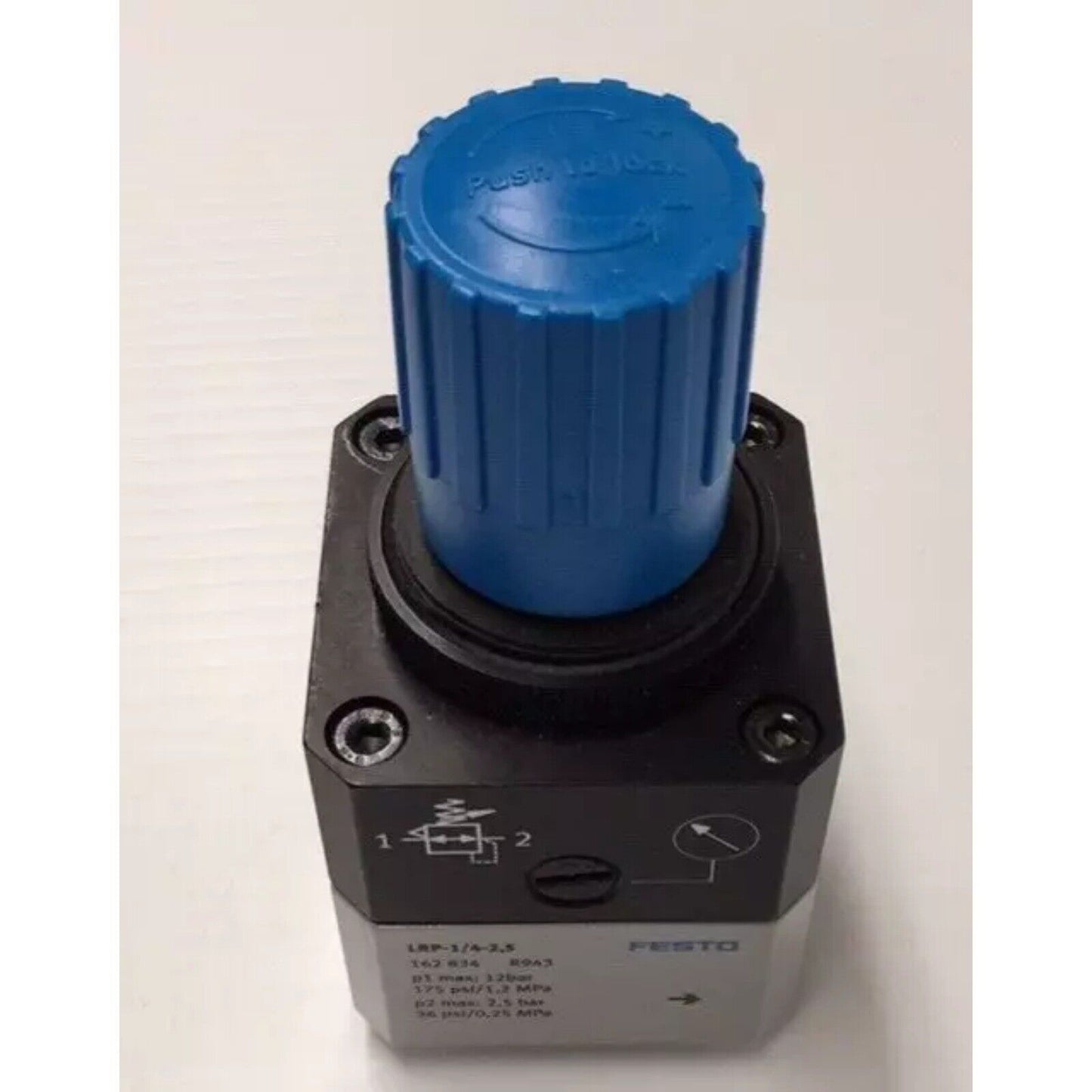 Festo LRP-1/4-2.5 precision pressure regulator with blue knob. Industrial automation component.