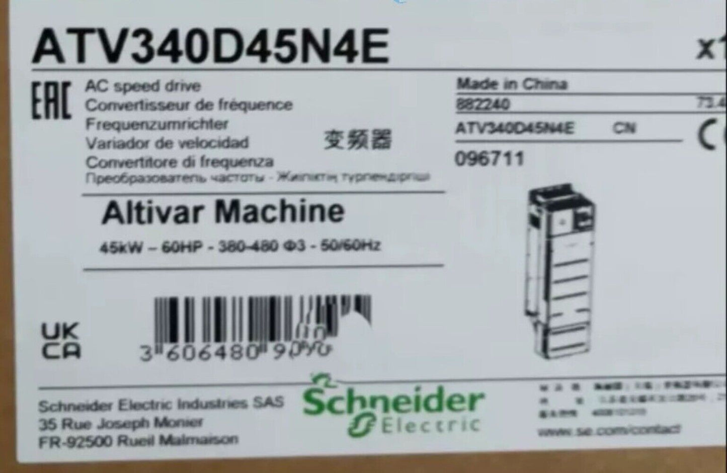 Schneider Electric ATV340D45N4E AC Speed Drive, Altivar Machine label showing product details and specifications.