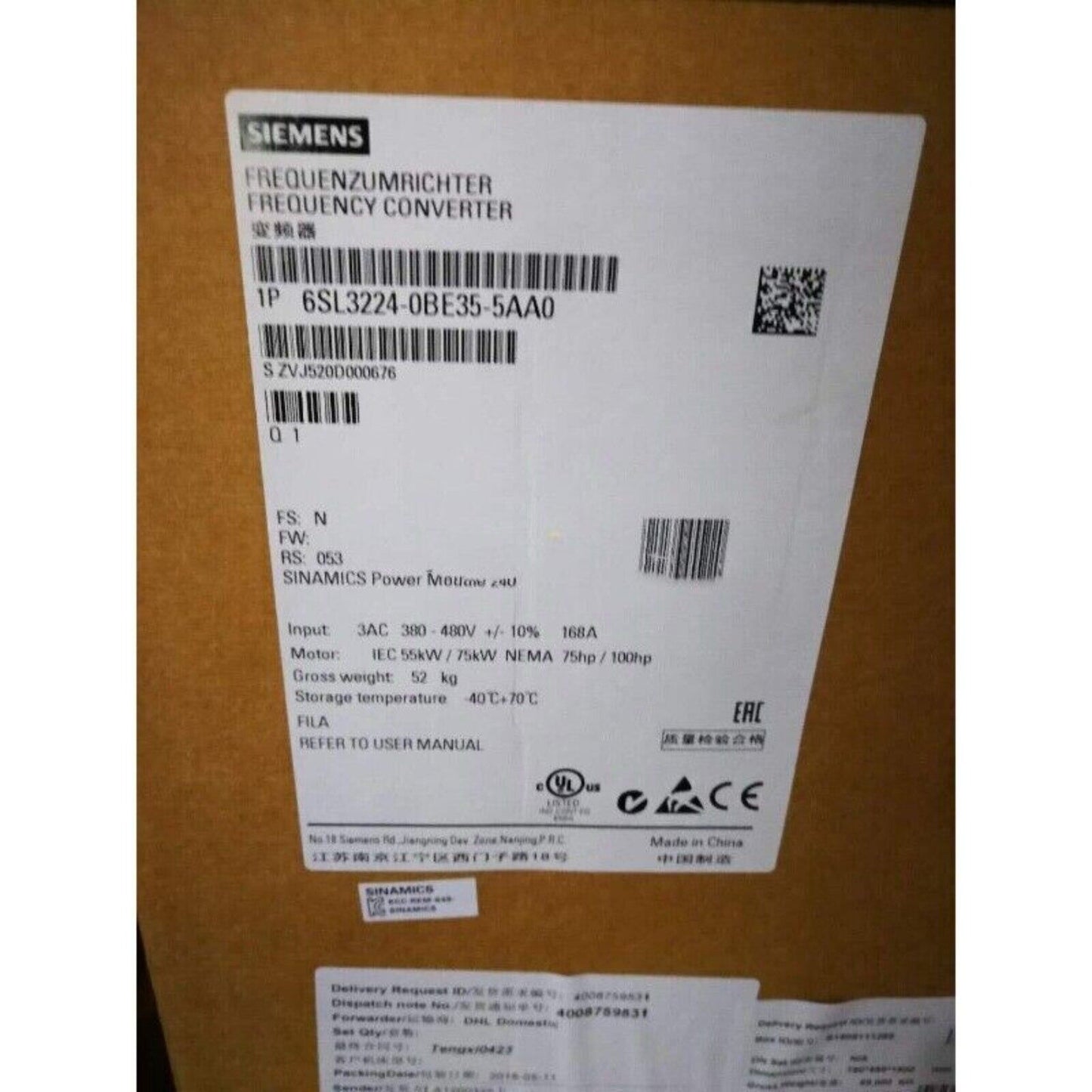 Siemens SINAMICS G120 Frequency Converter, 6SL3224-0BE35-5AA0 model, industrial automation part