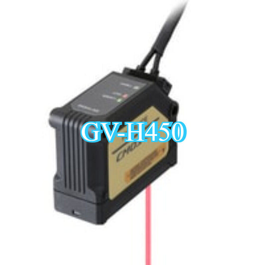 Keyence GV-H450 long-distance laser sensor head, black housing, with red laser beam.