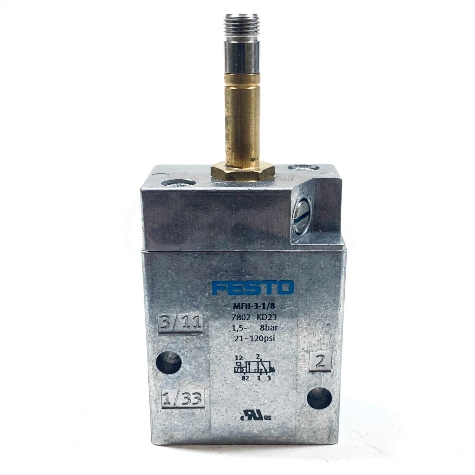 Festo MFH-3-1/8 air solenoid valve. Industrial automation component, 1.5-8 bar, 21-120 psi. Silver body, brass fitting.