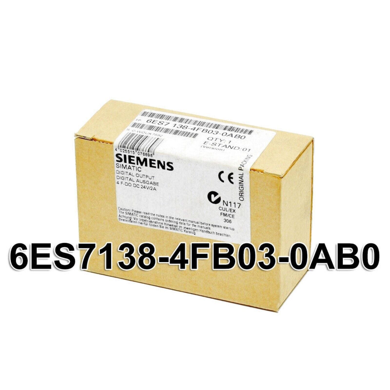 Siemens SIMATIC ET 200S 6ES7138-4FB03-0AB0 digital output module packaging. Industrial automation parts.