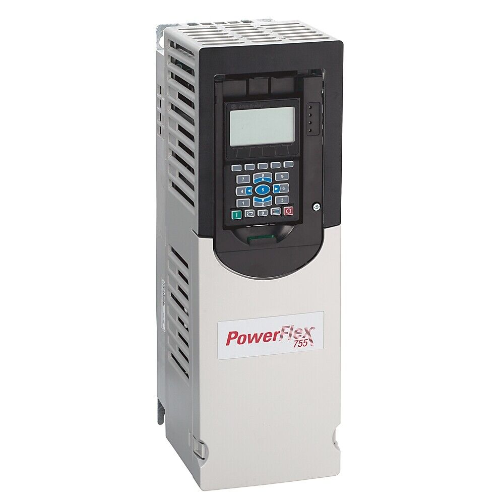 Allen-Bradley PowerFlex 753 AC Drive, front view, with control panel, silver and black housing.