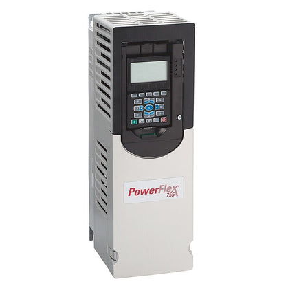 Allen-Bradley PowerFlex 753 AC Drive, front view, with control panel, silver and black housing.