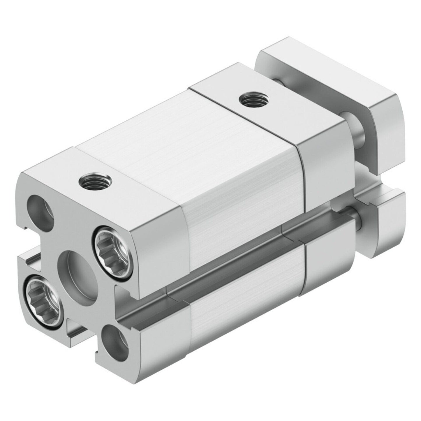 Festo ADNGF-12-10-P-A Compact Cylinder. Industrial automation component with silver finish, for pneumatic systems.