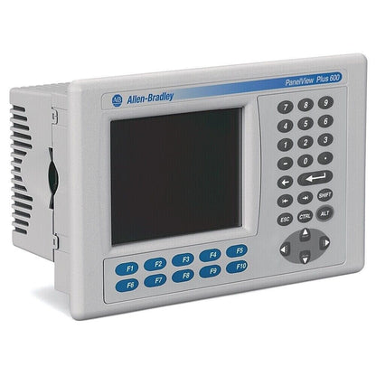 Allen-Bradley PanelView Plus 600 HMI, PLC Module. Industrial automation control panel with function keys and keypad.