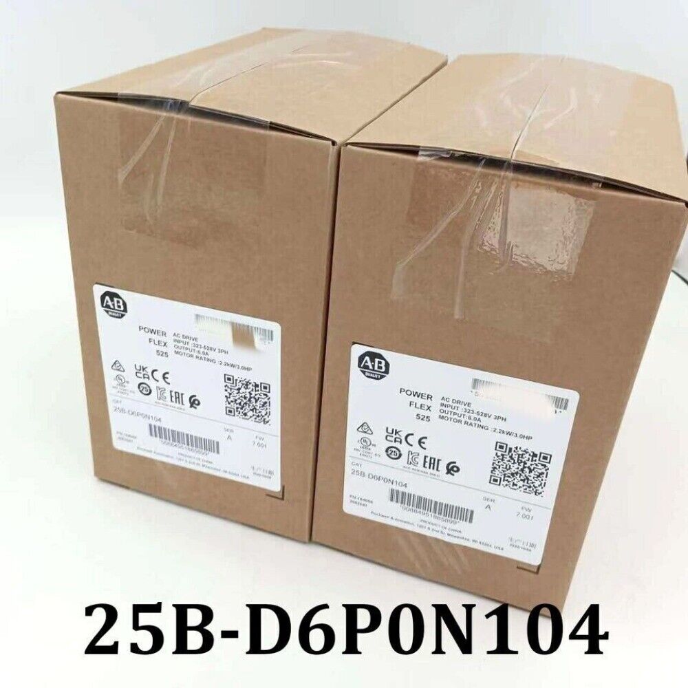 Allen-Bradley PowerFlex 525 AC drive, model 25B-D6P0N104, boxed industrial automation part.