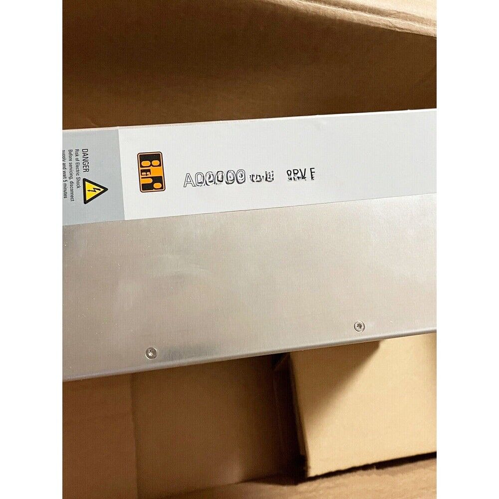 B&R frequency converter power supply label showing warning and model information