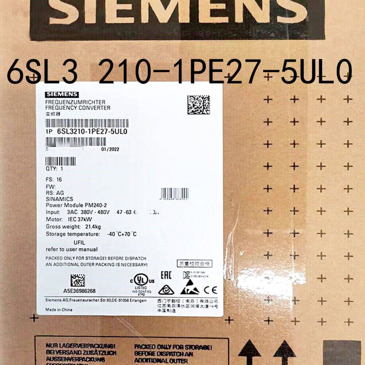 Siemens SINAMICS G120P frequency converter packaging, 6SL3210-1PE27-5UL0 product details and certifications.