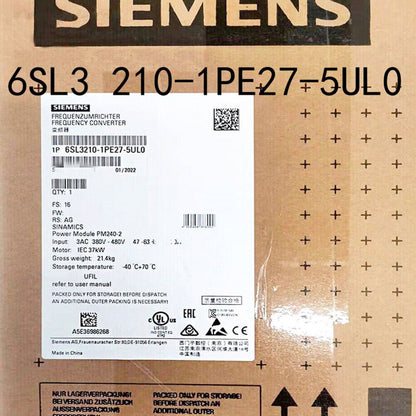 Siemens SINAMICS G120P frequency converter packaging, 6SL3210-1PE27-5UL0 product details and certifications.