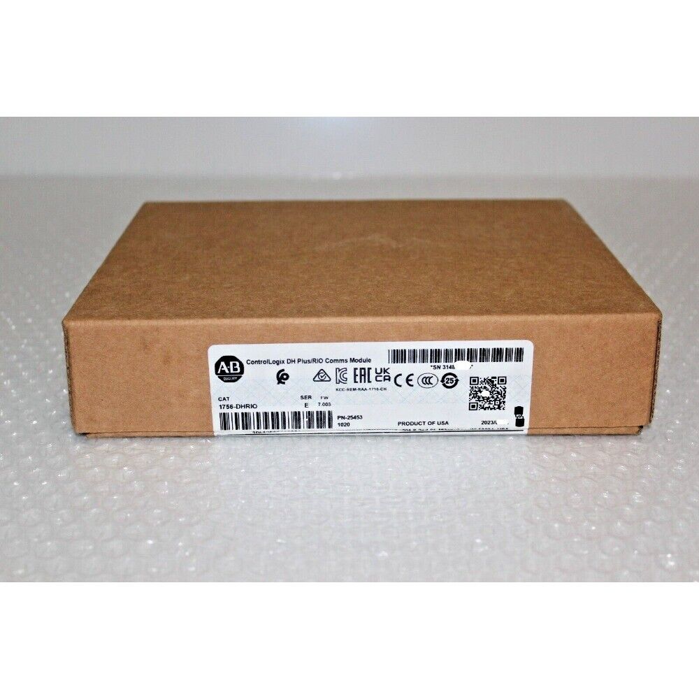 Allen-Bradley 1756-DHRIO ControlLogix DH Plus/RIO communication module in brown box, product of USA.