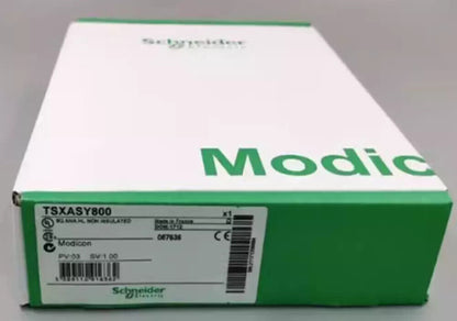 Schneider Electric TSXASY800 Analog Output Module box. Modicon series I/O industrial automation component.
