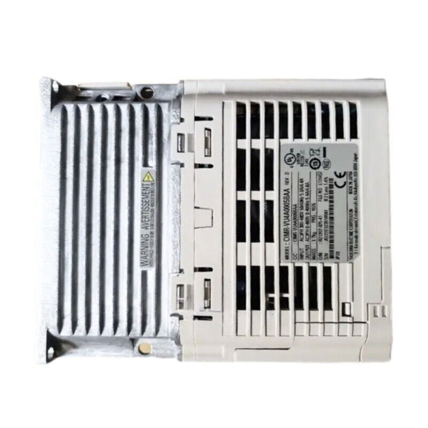 YASKAWA CIMR-VU4A0005BAA Frequency Inverter, industrial automation part, with warning label.